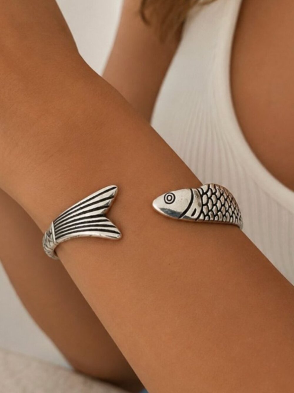 925 Sterling Silver Cuff Bracelet Fish Bracelet Modern Silver Bangle Bracelet